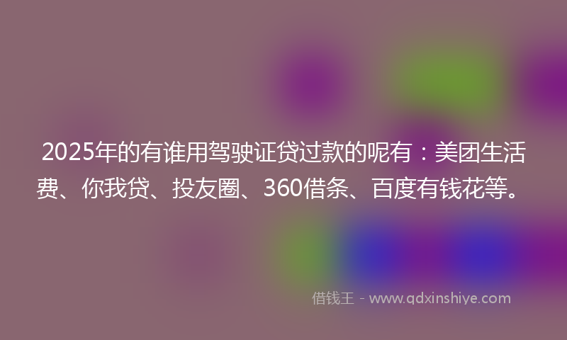 2025年的有谁用驾驶证贷过款的呢有：美团生活费、你我贷、投友圈、360借条、百度有钱花等。