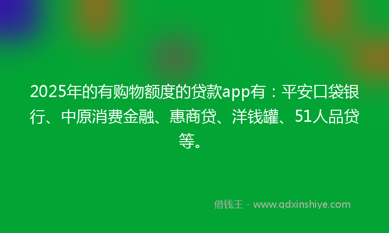 2025年的有购物额度的贷款app有：平安口袋银行、中原消费金融、惠商贷、洋钱罐、51人品贷等。