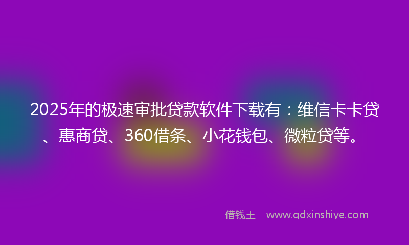 2025年的极速审批贷款软件下载有：维信卡卡贷、惠商贷、360借条、小花钱包、微粒贷等。