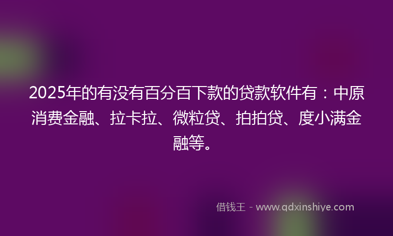 2025年的有没有百分百下款的贷款软件有：中原消费金融、拉卡拉、微粒贷、拍拍贷、度小满金融等。