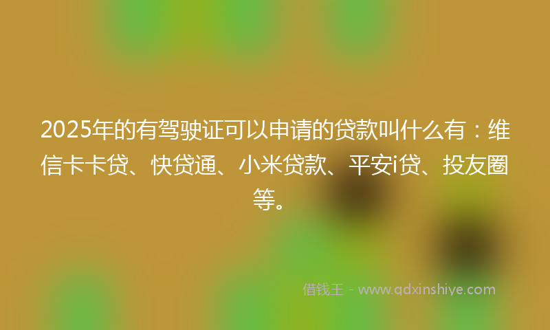 2025年的有驾驶证可以申请的贷款叫什么有：维信卡卡贷、快贷通、小米贷款、平安i贷、投友圈等。