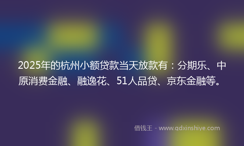 2025年的杭州小额贷款当天放款有：分期乐、中原消费金融、融逸花、51人品贷、京东金融等。