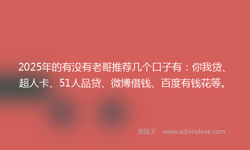 2025年的有没有老哥推荐几个口子有：你我贷、超人卡、51人品贷、微博借钱、百度有钱花等。