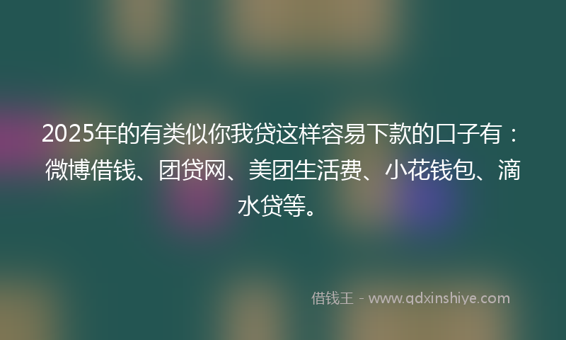 2025年的有类似你我贷这样容易下款的口子有：微博借钱、团贷网、美团生活费、小花钱包、滴水贷等。