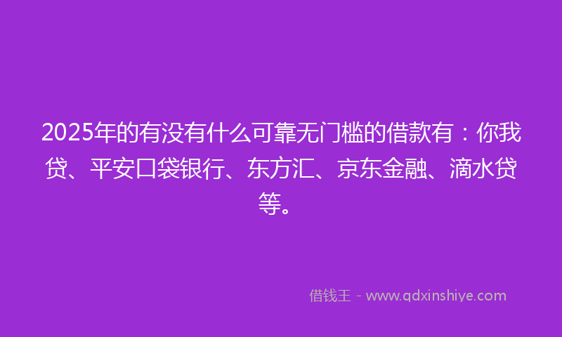 2025年的有没有什么可靠无门槛的借款有：你我贷、平安口袋银行、东方汇、京东金融、滴水贷等。