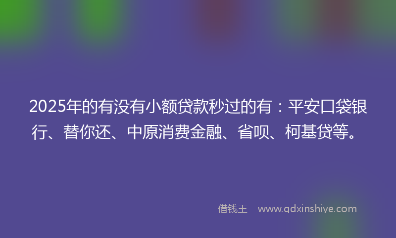 2025年的有没有小额贷款秒过的有：平安口袋银行、替你还、中原消费金融、省呗、柯基贷等。