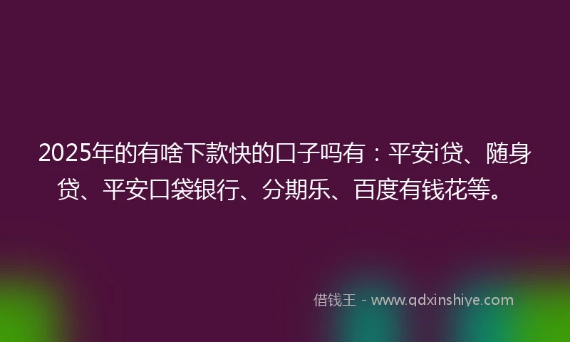 2025年的有啥下款快的口子吗有：平安i贷、随身贷、平安口袋银行、分期乐、百度有钱花等。