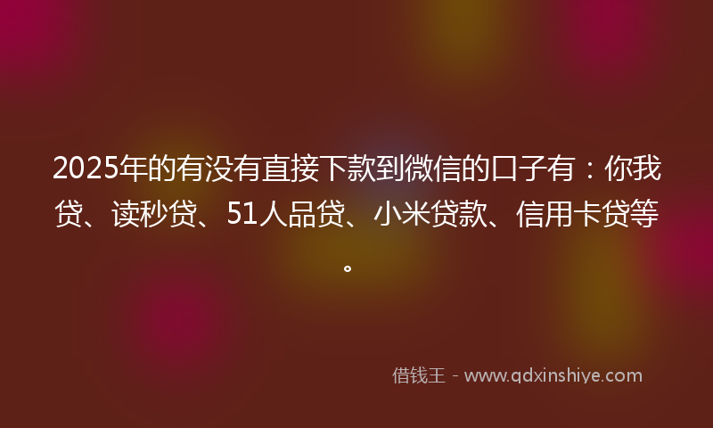 2025年的有没有直接下款到微信的口子有：你我贷、读秒贷、51人品贷、小米贷款、信用卡贷等。