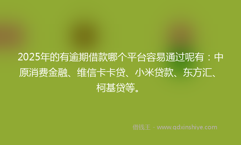2025年的有逾期借款哪个平台容易通过呢有：中原消费金融、维信卡卡贷、小米贷款、东方汇、柯基贷等。