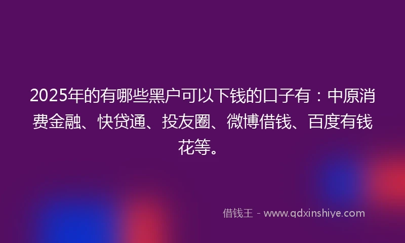 2025年的有哪些黑户可以下钱的口子有：中原消费金融、快贷通、投友圈、微博借钱、百度有钱花等。