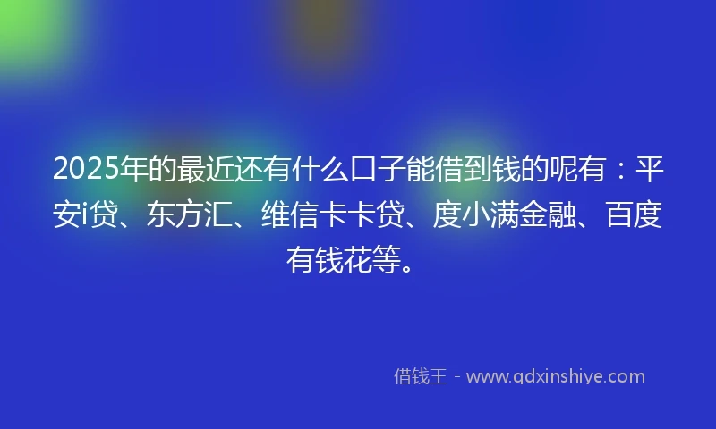 2025年的最近还有什么口子能借到钱的呢有：平安i贷、东方汇、维信卡卡贷、度小满金融、百度有钱花等。