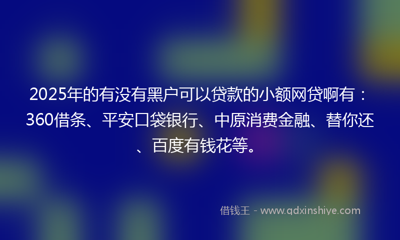 2025年的有没有黑户可以贷款的小额网贷啊有：360借条、平安口袋银行、中原消费金融、替你还、百度有钱花等。