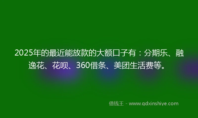 2025年的最近能放款的大额口子有：分期乐、融逸花、花呗、360借条、美团生活费等。