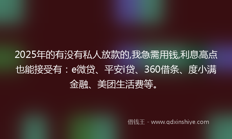 2025年的有没有私人放款的,我急需用钱,利息高点也能接受有：e微贷、平安i贷、360借条、度小满金融、美团生活费等。