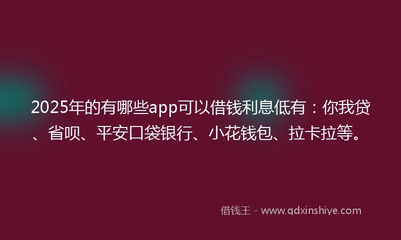 2025年的有哪些app可以借钱利息低有：你我贷、省呗、平安口袋银行、小花钱包、拉卡拉等。