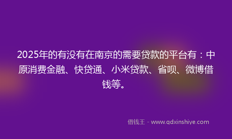 2025年的有没有在南京的需要贷款的平台有：中原消费金融、快贷通、小米贷款、省呗、微博借钱等。