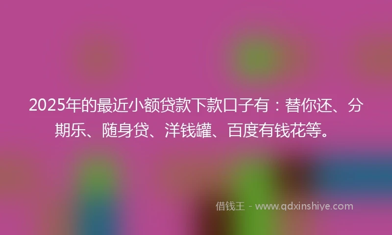 2025年的最近小额贷款下款口子有：替你还、分期乐、随身贷、洋钱罐、百度有钱花等。