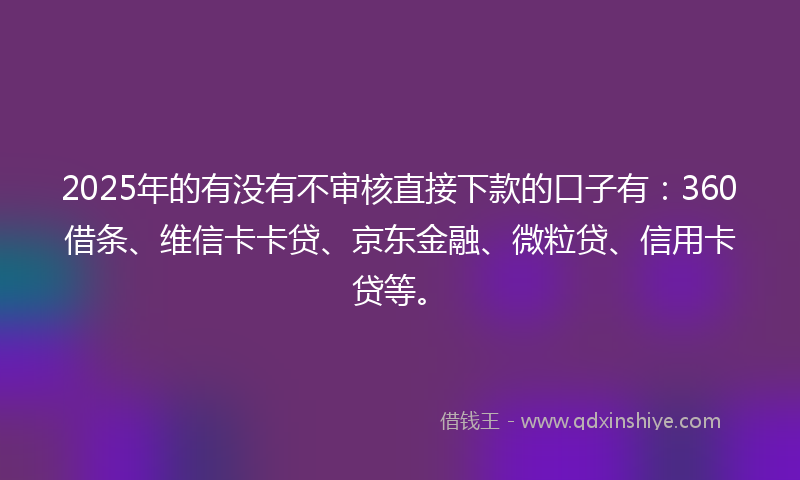 2025年的有没有不审核直接下款的口子有:360借条、维信卡卡贷、京东金融、微粒贷、信用卡贷等。