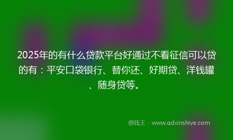 2025年的有什么贷款平台好通过不看征信可以贷的有：平安口袋银行、替你还、好期贷、洋钱罐、随身贷等。