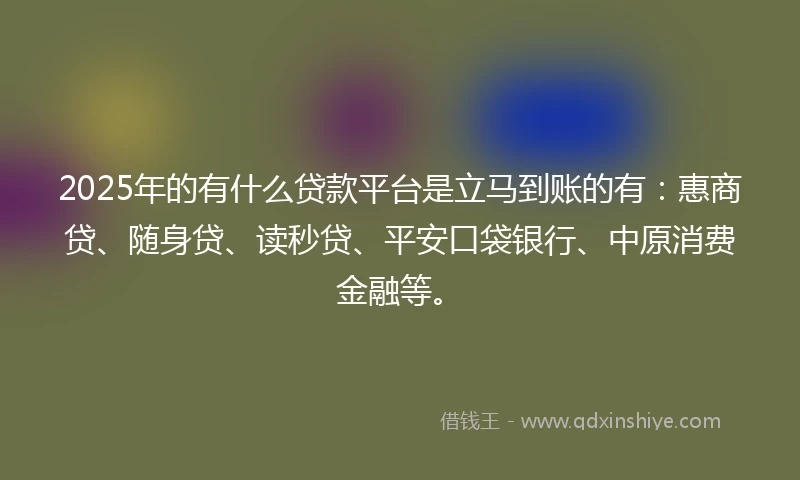 2025年的有什么贷款平台是立马到账的有：惠商贷、随身贷、读秒贷、平安口袋银行、中原消费金融等。
