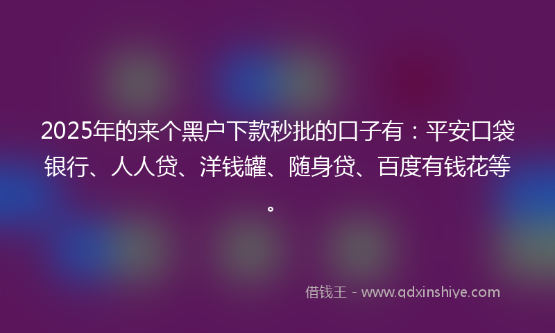 2025年的来个黑户下款秒批的口子有：平安口袋银行、人人贷、洋钱罐、随身贷、百度有钱花等。