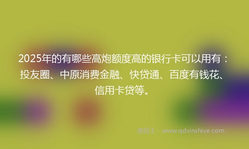 2025年的有哪些高炮额度高的银行卡可以用有：投友圈、中原消费金融、快贷通、百度有钱花、信用卡贷等。