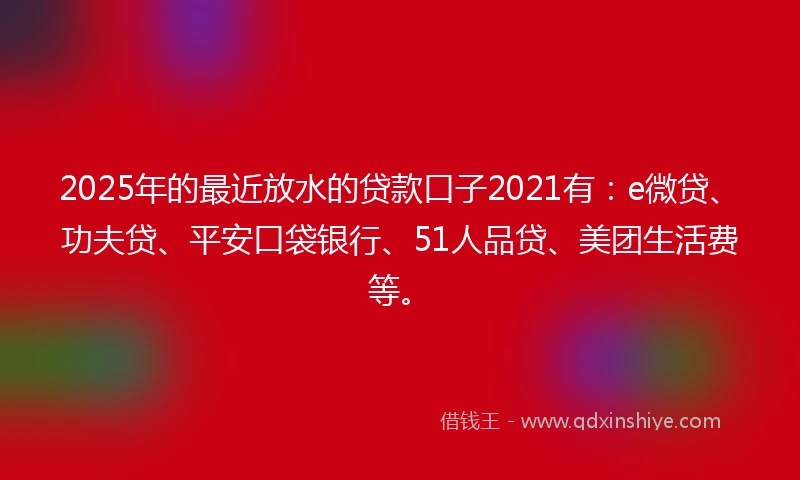 2025年的最近放水的贷款口子2021有：e微贷、功夫贷、平安口袋银行、51人品贷、美团生活费等。