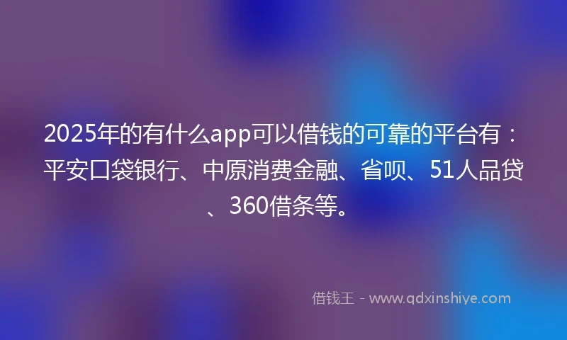 2025年的有什么app可以借钱的可靠的平台有:平安口袋银行、中原消费金融、省呗、51人品贷、360借条等。
