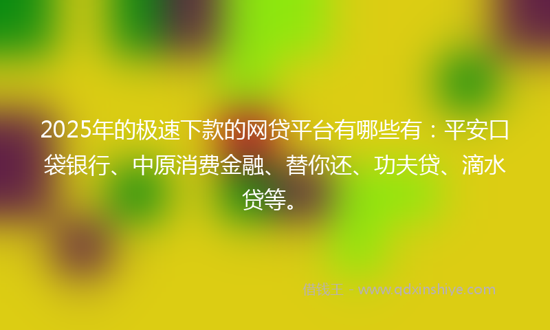 2025年的极速下款的网贷平台有哪些有：平安口袋银行、中原消费金融、替你还、功夫贷、滴水贷等。