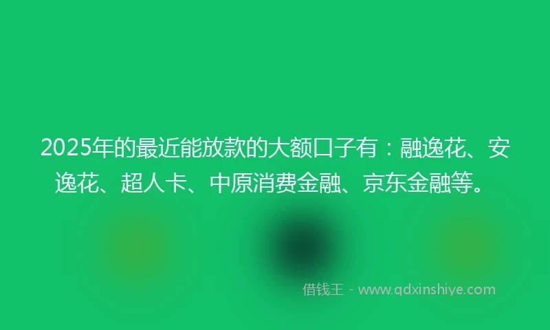 2025年的最近能放款的大额口子有：融逸花、安逸花、超人卡、中原消费金融、京东金融等。