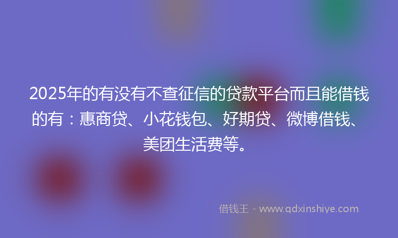 2025年的有没有不查征信的贷款平台而且能借钱的有：惠商贷、小花钱包、好期贷、微博借钱、美团生活费等。