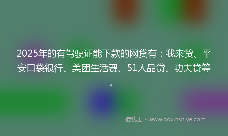 2025年的有驾驶证能下款的网贷有：我来贷、平安口袋银行、美团生活费、51人品贷、功夫贷等。