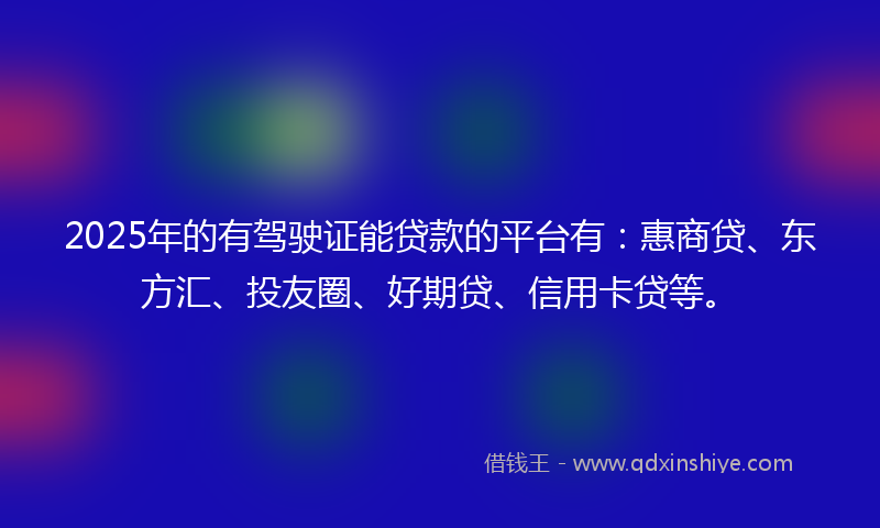 2025年的有驾驶证能贷款的平台有：惠商贷、东方汇、投友圈、好期贷、信用卡贷等。