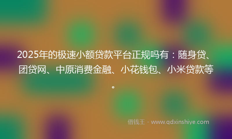 2025年的极速小额贷款平台正规吗有：随身贷、团贷网、中原消费金融、小花钱包、小米贷款等。