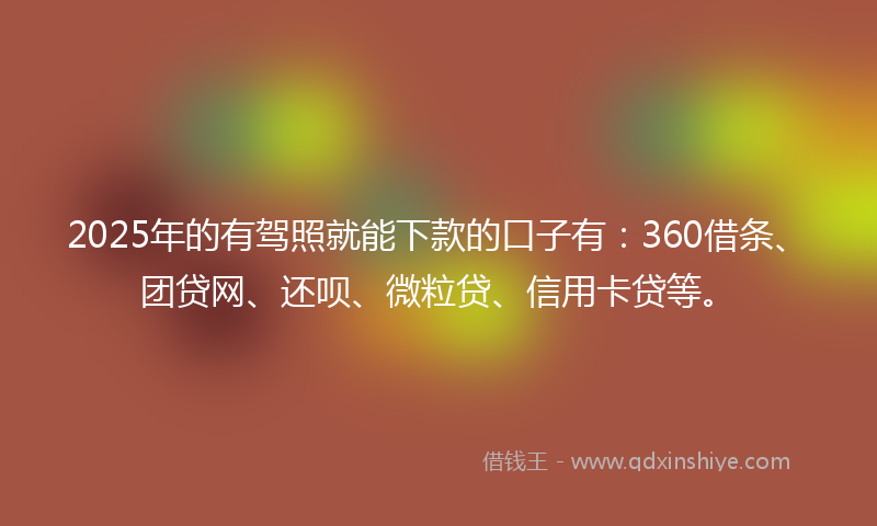 2025年的有驾照就能下款的口子有：360借条、团贷网、还呗、微粒贷、信用卡贷等。