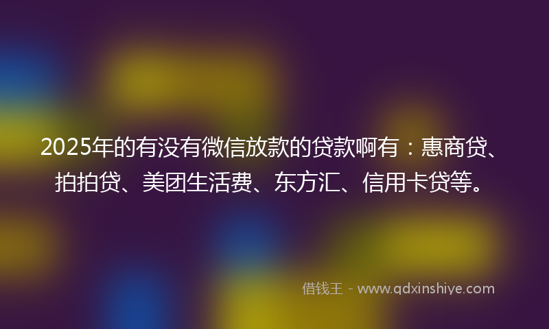 2025年的有没有微信放款的贷款啊有：惠商贷、拍拍贷、美团生活费、东方汇、信用卡贷等。