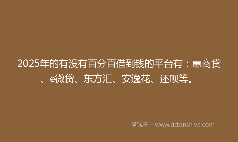 2025年的有没有百分百借到钱的平台有：惠商贷、e微贷、东方汇、安逸花、还呗等。