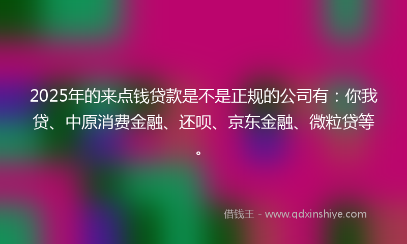 2025年的来点钱贷款是不是正规的公司有：你我贷、中原消费金融、还呗、京东金融、微粒贷等。
