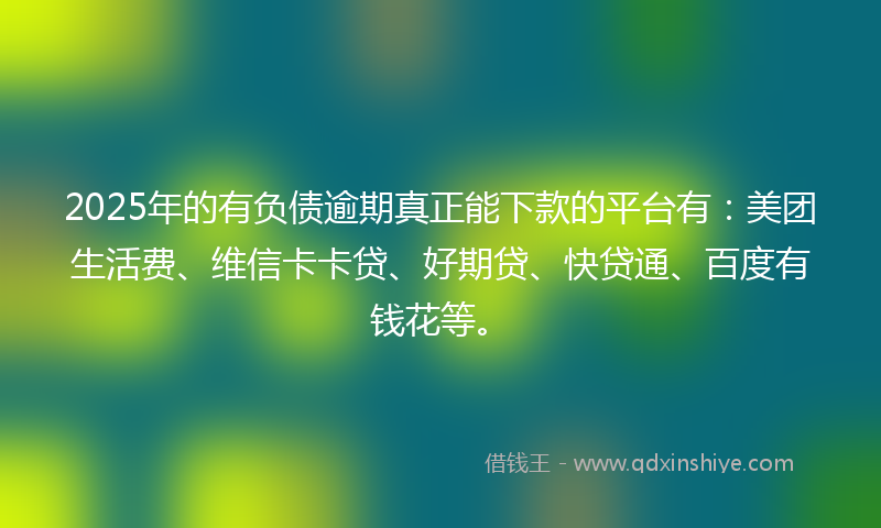 2025年的有负债逾期真正能下款的平台有：美团生活费、维信卡卡贷、好期贷、快贷通、百度有钱花等。