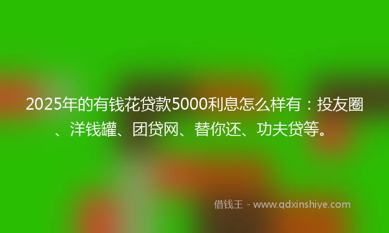 2025年的有钱花贷款5000利息怎么样有：投友圈、洋钱罐、团贷网、替你还、功夫贷等。