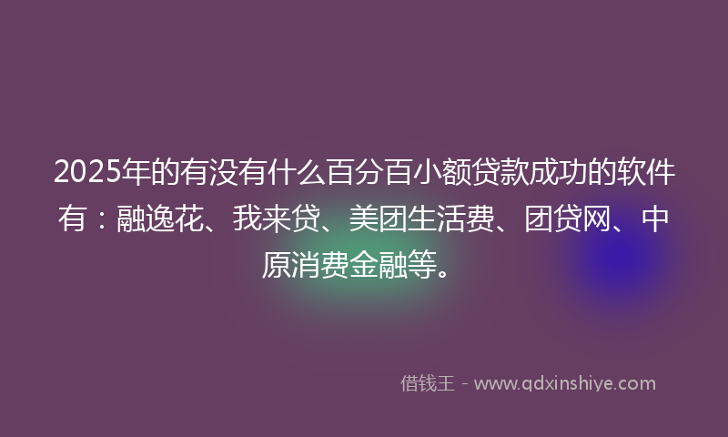 2025年的有没有什么百分百小额贷款成功的软件有：融逸花、我来贷、美团生活费、团贷网、中原消费金融等。