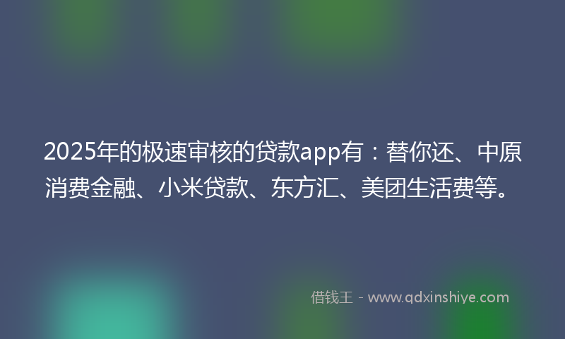 2025年的极速审核的贷款app有：替你还、中原消费金融、小米贷款、东方汇、美团生活费等。