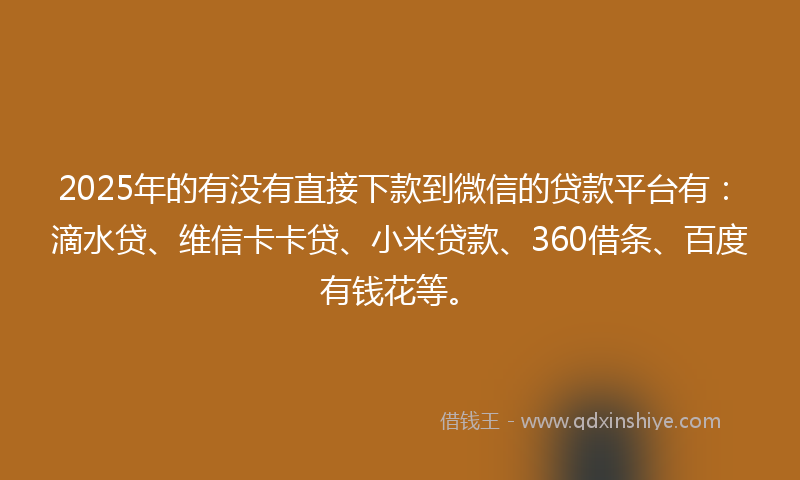 2025年的有没有直接下款到微信的贷款平台有:滴水贷、维信卡卡贷、小米贷款、360借条、百度有钱花等。