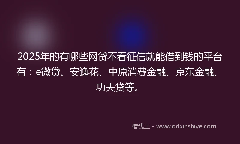 2025年的有哪些网贷不看征信就能借到钱的平台有：e微贷、安逸花、中原消费金融、京东金融、功夫贷等。