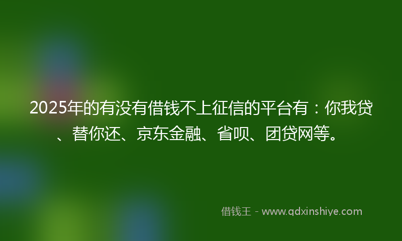 2025年的有没有借钱不上征信的平台有：你我贷、替你还、京东金融、省呗、团贷网等。