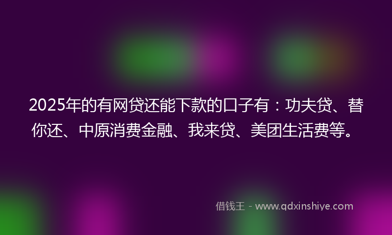 2025年的有网贷还能下款的口子有：功夫贷、替你还、中原消费金融、我来贷、美团生活费等。