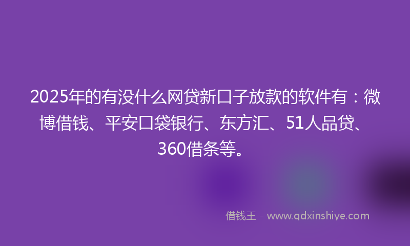 2025年的有没什么网贷新口子放款的软件有：微博借钱、平安口袋银行、东方汇、51人品贷、360借条等。