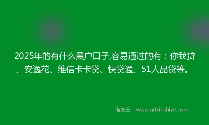 2025年的有什么黑户口子,容易通过的有：你我贷、安逸花、维信卡卡贷、快贷通、51人品贷等。