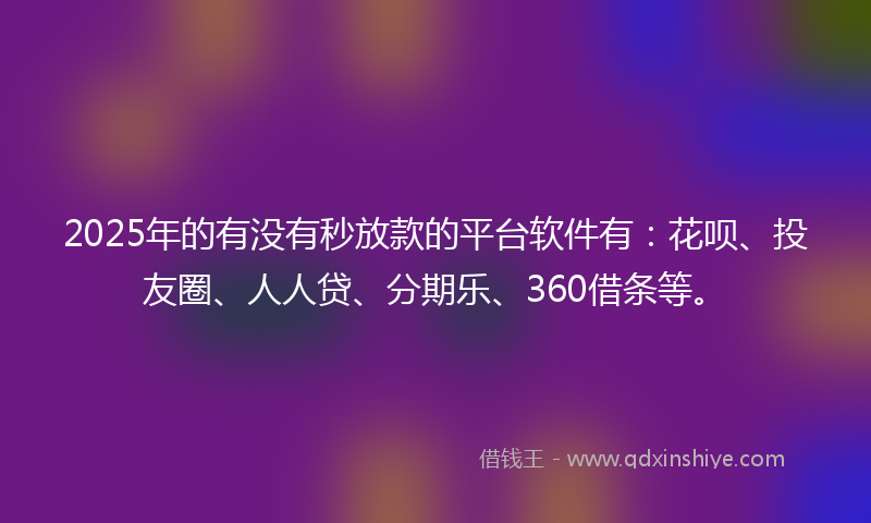 2025年的有没有秒放款的平台软件有：花呗、投友圈、人人贷、分期乐、360借条等。