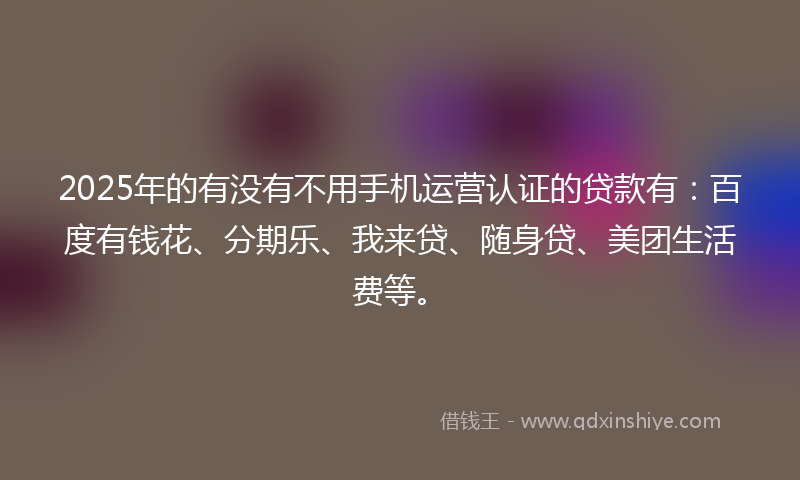 2025年的有没有不用手机运营认证的贷款有：百度有钱花、分期乐、我来贷、随身贷、美团生活费等。